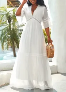 Modlily White Lace Three Quarter Length Sleeve Maxi Dress - M #897650