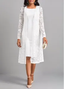 Modlily White Lace Two Piece Suit Long Sleeve Dress - M