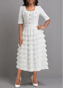 Modlily White Lightweight Half Sleeve Square Neck Maxi Dress - XL