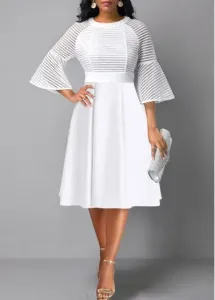 Modlily White Mesh Three Quarter Length Sleeve Dress - L