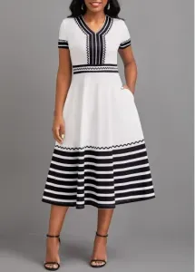 Modlily White Patchwork Striped Short Sleeve V Neck Dress - XL