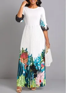 Modlily White Pleated Floral Print Maxi Dress - L