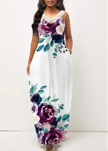 Modlily White Pocket Floral Print Maxi Dress - M