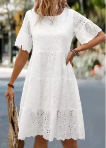 Modlily White Ruched Short Sleeve Round Neck Dress - L