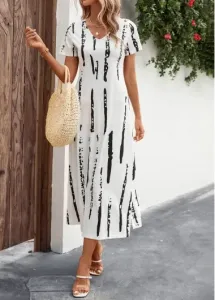 Modlily White Split Striped A Line Short Sleeve Dress - M