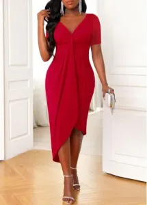 Modlily Wine Red Asymmetric Hem Short Sleeve Dress - L