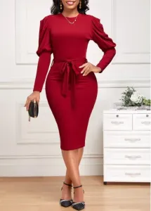 Modlily Wine Red Belted Long Sleeve Round Neck Dress - M