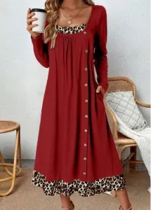 Modlily Wine Red Button Leopard A Line Dress - XL