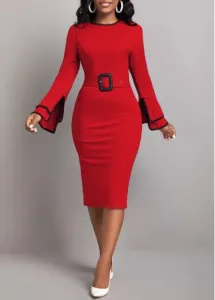 Modlily Wine Red Contrast Binding Belted Bodycon Dress - 2XL