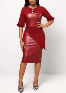 Modlily Wine Red Frill Button Half Sleeve Dress - S