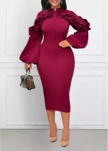 Modlily Wine Red Frill Stand Collar Bodycon Dress - L