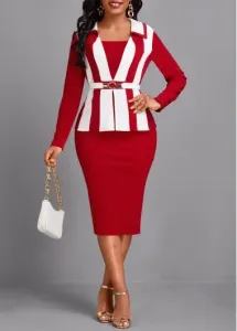 Modlily Wine Red Patchwork Long Sleeve Square Neck Bodycon Dress - L