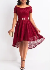 Modlily Wine Red Lace High Low Short Sleeve Dress - S