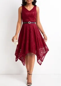 Modlily Wine Red Lace Sleeveless V Neck Dress - L