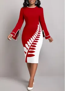 Modlily Wine Red Patchwork Leaf Print Long Sleeve Bodycon Dress - L