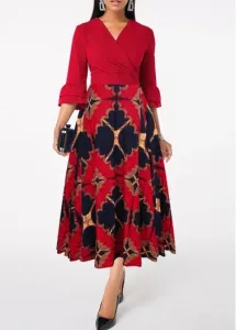 Modlily Wine Red Patchwork Tribal Print Cross Collar Dress - XXL
