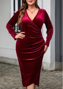 Modlily Wine Red Plus Size Long Sleeve Dress - 2XL