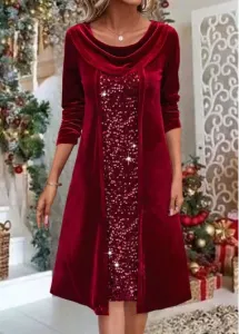 Modlily Wine Red Sequin A Line Long Sleeve Dress - L
