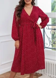 Modlily Wine Red Surplice Plus Size Belted Dress - L