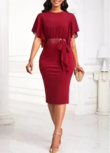Modlily Wine Red Tie Belted Short Sleeve Bodycon Dress - XL