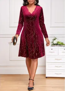 Modlily Wine Red Velvet Geometric Print Long Sleeve Dress - S