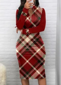 Modlily Wine Red Zipper Plaid Long Sleeve Bodycon Dress - L