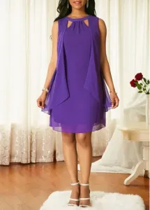 Modlily Women's Keyhole Neck Sleeveless Purple Casual Dress Sleeveless Chiffon Overlay Cutout Front Dress - S