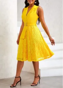 Modlily Yellow Asymmetry Belted Sleeveless Lapel Dress - M