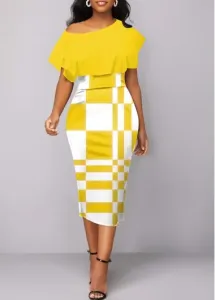 Modlily Yellow Asymmetry Geometric Print Short Sleeve Bodycon Dress - L
