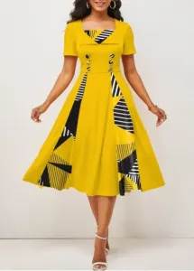 Modlily Yellow Button Geometric Print Short Sleeve Dress - M