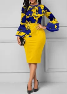 Modlily Yellow Contrast Binding Floral Print Long Sleeve Dress - XL