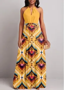 Modlily Yellow Cut Out Tribal Print Maxi Sleeveless Dress - L