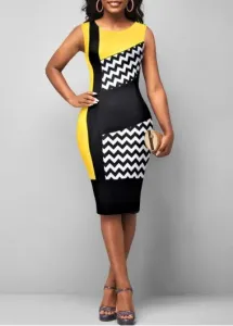 Modlily Yellow Geometric Print Sleeveless Round Neck Dress - XL