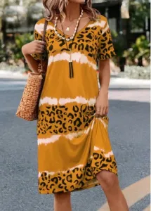 Modlily Yellow Leopard H Shape Short Sleeve Dress - 2XL