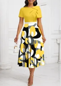 Modlily Yellow Patchwork Geometric Print Short Sleeve Round Neck Dress - XL