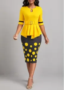 Modlily Yellow Patchwork Polka Dot Belted Bodycon Dress - M