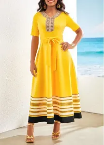 Modlily Yellow Patchwork Striped Belted Short Sleeve Maxi Dress - S
