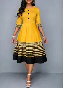 Modlily Yellow Patchwork Striped Half Sleeve Round Neck Dress - XL