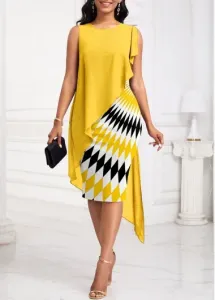Modlily Yellow Patchwork Wave Pattern Print Sleeveless Bodycon Dress - L