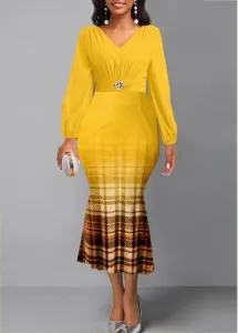 Modlily Yellow Plaid Long Sleeve V Neck Mermaid Dress - L