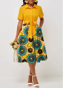 Modlily Yellow Pocket Tribal Print Belted Short Sleeve Dress - M