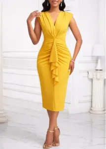 Modlily Yellow Ruffle Short Sleeve V Neck Bodycon Dress - L
