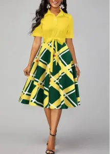 Modlily Yellow Umbrella Hem Geometric Print Belted Short Sleeve Dress - L