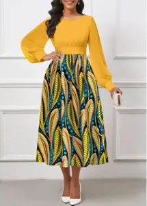 Modlily Yellow Umbrella Hem Tribal Print Long Sleeve Dress - XL