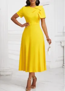 Modlily Yellow Zipper Short Sleeve Asymmetrical Neck Dress - S