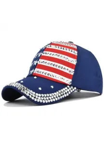 Modlily Hot Drilling American Flag Blue Striped Hat Baseball Cap - One Size