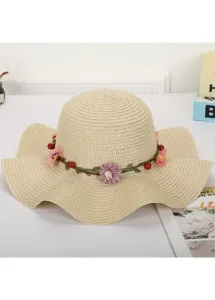 Modlily Light Camel Floral Design Straw Hat - One Size
