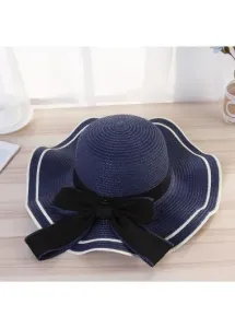 Modlily Navy Bowknot Striped Straw Visor Hat - One Size