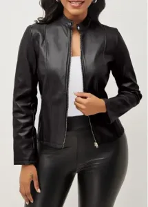 Modlily Black Zipper Long Sleeve Stand Collar Jacket - L