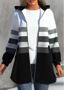 Modlily Black Zipper Striped Long Sleeve Hooded Jacket - M